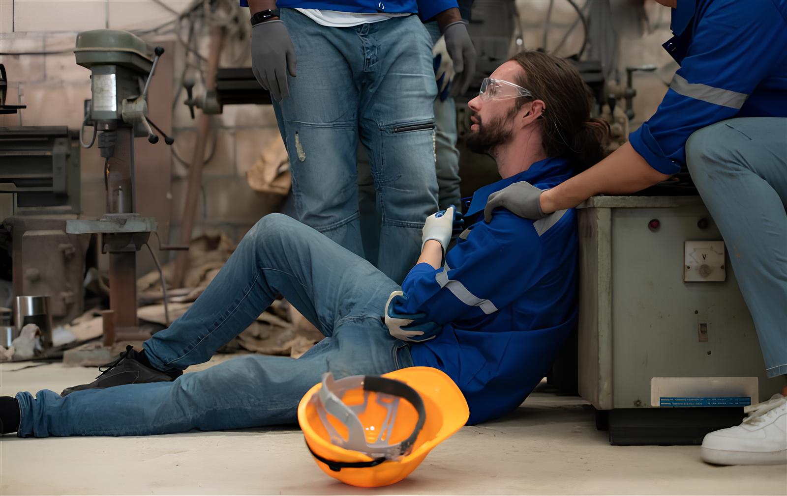 Werknemer in een industriële werkplaats zit gewond op de grond terwijl collega’s eerste hulp verlenen; een veiligheidshelm ligt op de voorgrond.