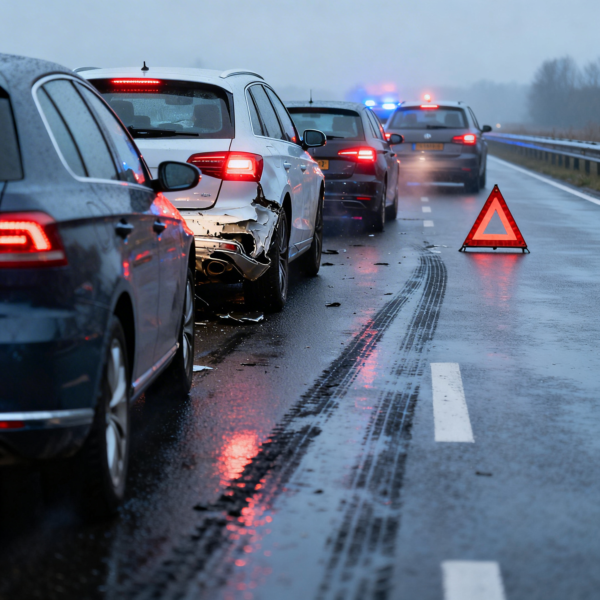 Kettingbotsing op een natte snelweg waarbij meerdere auto’s schade hebben, met een gevarendriehoek op de weg en politievoertuigen met zwaailichten op de achtergrond.