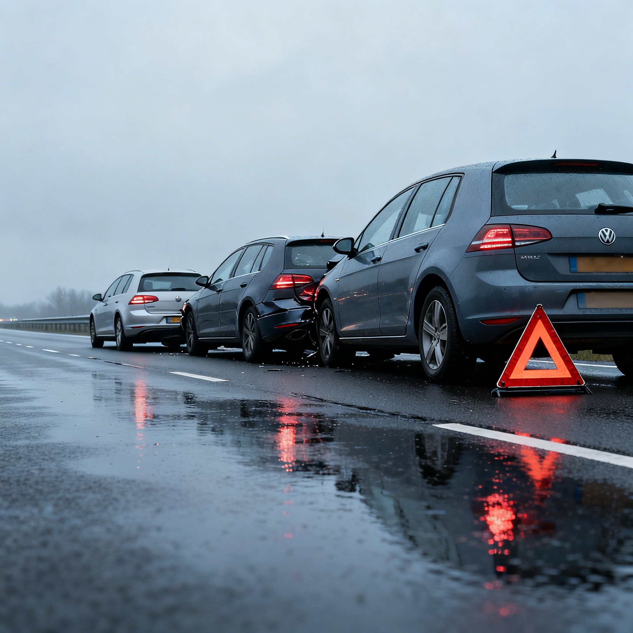 Meerdere auto’s staan stil op een natte snelweg na een kop-staartbotsing, met zichtbare schade en een gevarendriehoek achter de laatste auto.